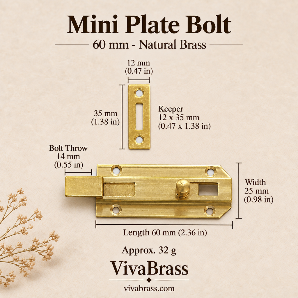 Mini Plate Bolt 60 mm - Natural Brass – solid brass slide bolt by VivaBrass