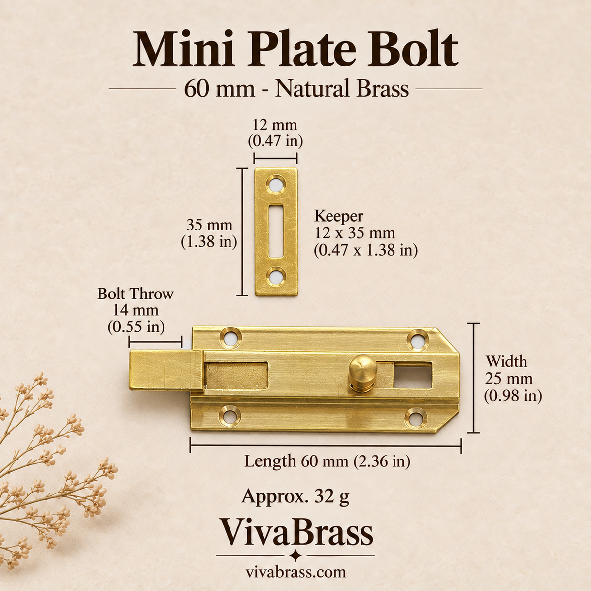 Mini Plate Bolt 60 mm - Natural Brass – solid brass slide bolt by VivaBrass