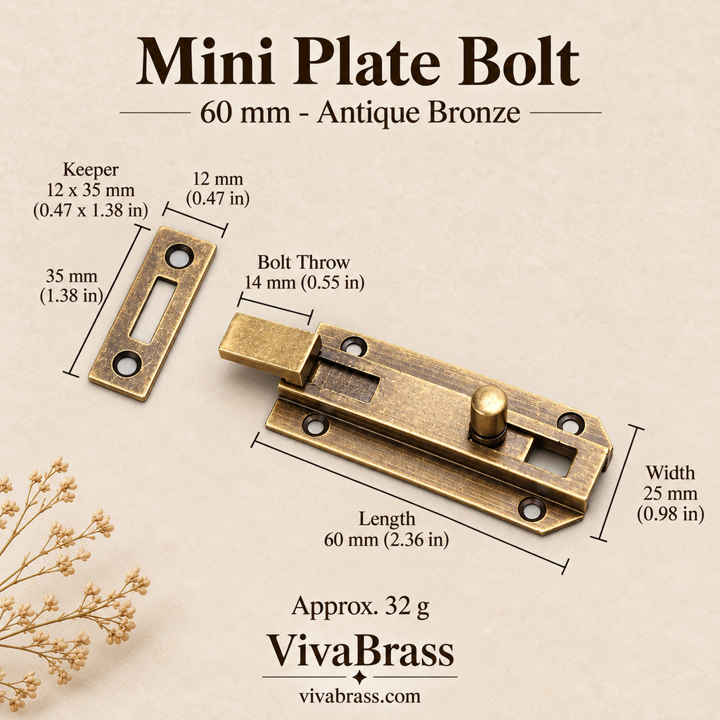 Mini Plate Bolt 60 mm - Antique Bronze – solid brass slide bolt by VivaBrass
