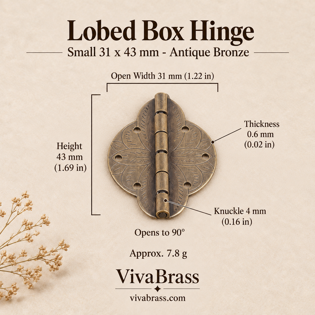 Lobed Hinge Small 31 x 43 mm - Antique Bronze – solid brass box hinge by VivaBrass