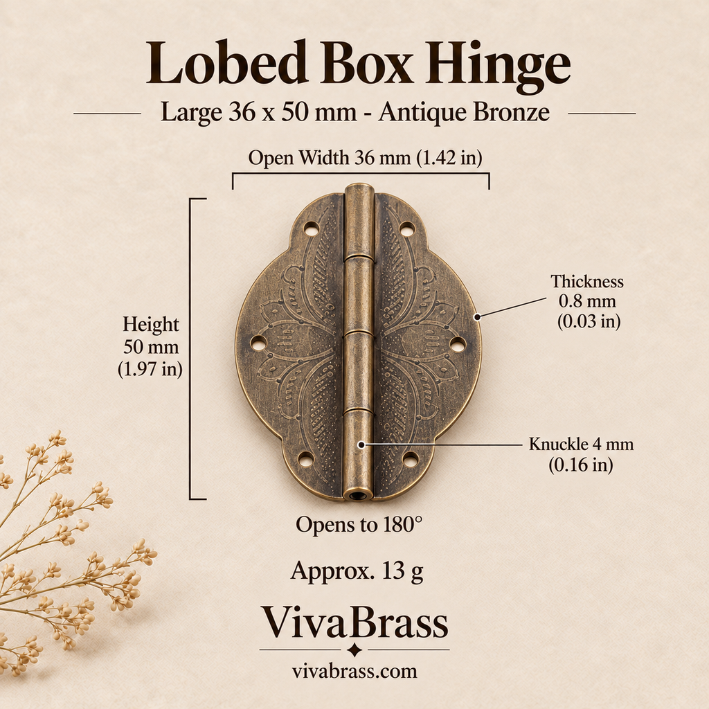 Lobed Hinge Large 36 x 50 mm - Antique Bronze – solid brass box hinge by VivaBrass