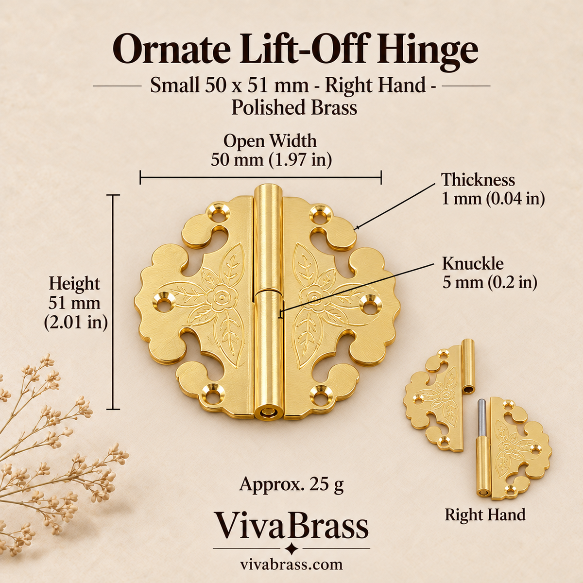 Ornate Lift-Off Hinge Small 50 x 51 mm - Right Hand - Polished Brass – solid brass box hinge by VivaBrass