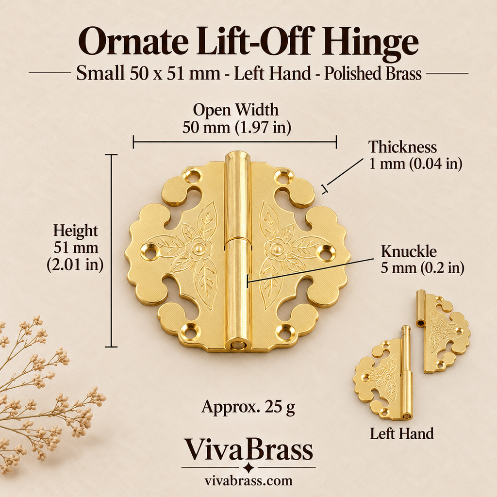 Ornate Lift-Off Hinge Small 50 x 51 mm - Left Hand - Polished Brass – solid brass box hinge by VivaBrass