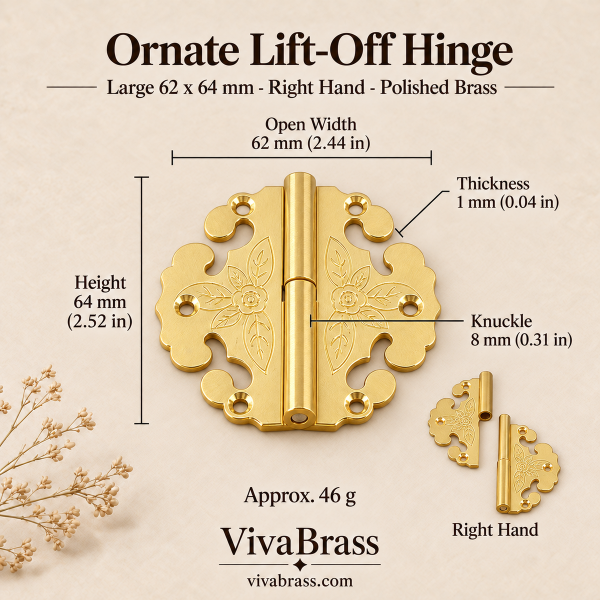 Ornate Lift-Off Hinge Large 62 x 64 mm - Right Hand - Polished Brass – solid brass box hinge by VivaBrass