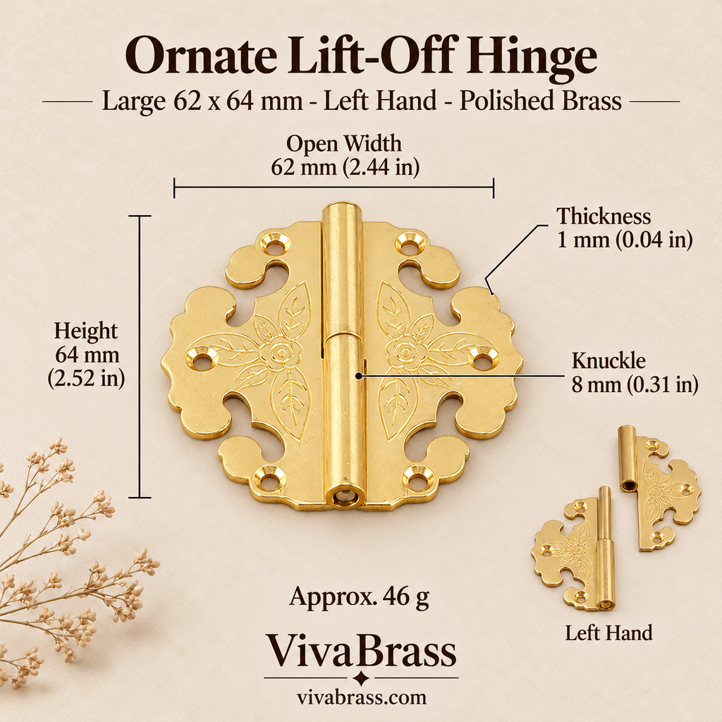 Ornate Lift-Off Hinge Large 62 x 64 mm - Left Hand - Polished Brass – solid brass box hinge by VivaBrass