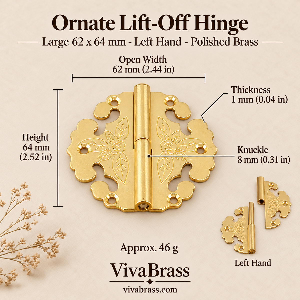Ornate Lift-Off Hinge Large 62 x 64 mm - Left Hand - Polished Brass – solid brass box hinge by VivaBrass