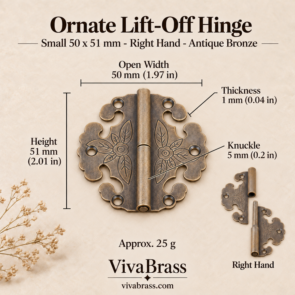 Ornate Lift-Off Hinge Small 50 x 51 mm - Right Hand - Antique Bronze – solid brass box hinge by VivaBrass