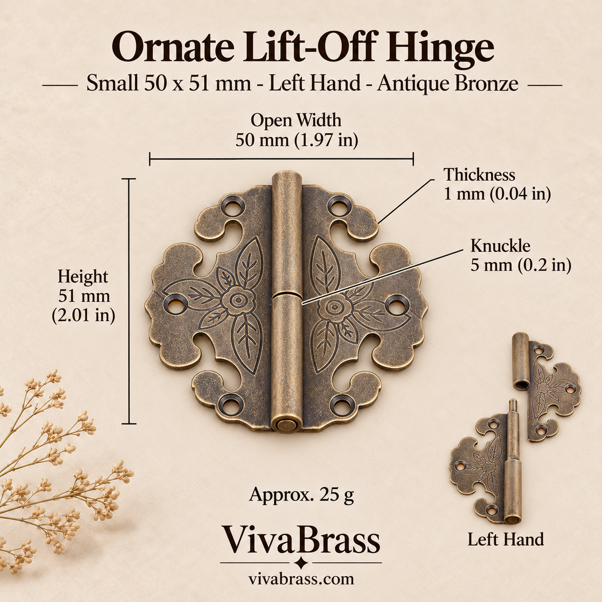Ornate Lift-Off Hinge Small 50 x 51 mm - Left Hand - Antique Bronze – solid brass box hinge by VivaBrass