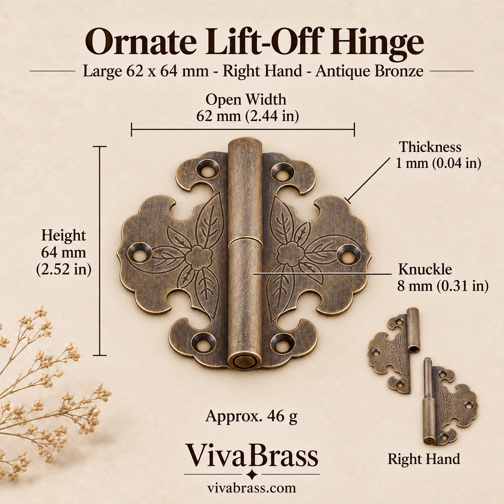 Ornate Lift-Off Hinge Large 62 x 64 mm - Right Hand - Antique Bronze – solid brass box hinge by VivaBrass