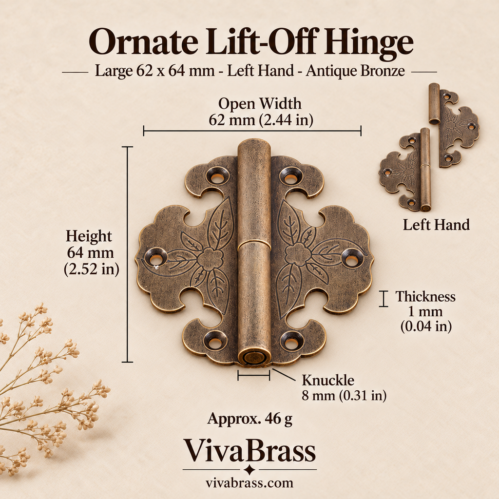 Ornate Lift-Off Hinge Large 62 x 64 mm - Left Hand - Antique Bronze – solid brass box hinge by VivaBrass