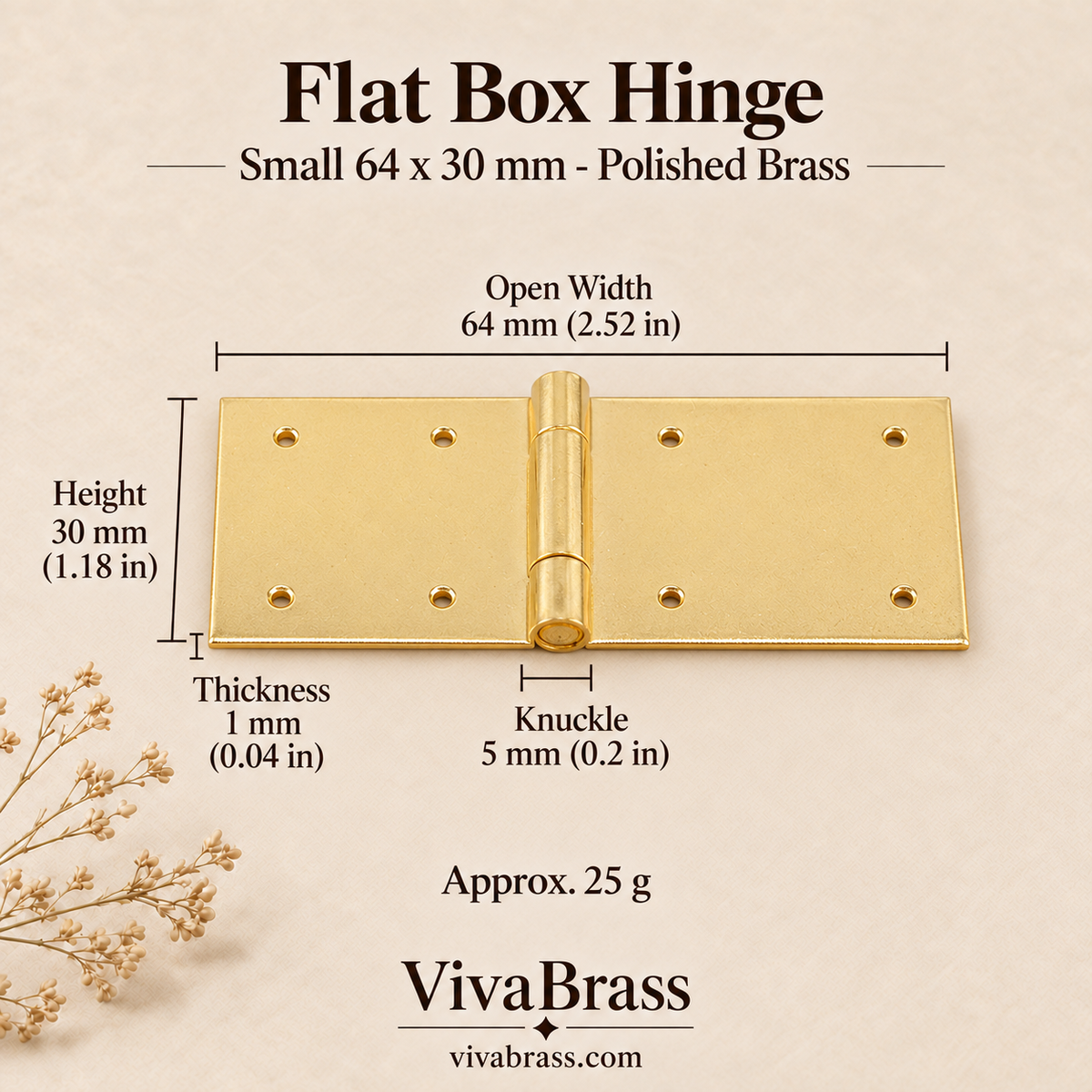Flat Hinge Small 64 x 30 mm - Polished Brass – solid brass box hinge by VivaBrass