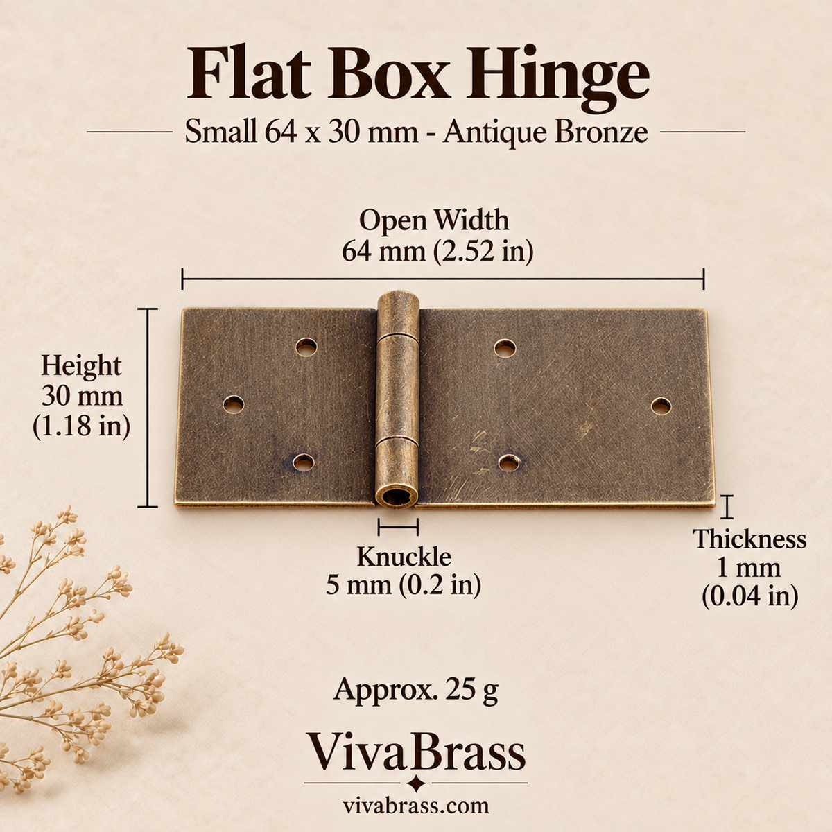 Flat Hinge Small 64 x 30 mm - Antique Bronze – solid brass box hinge by VivaBrass