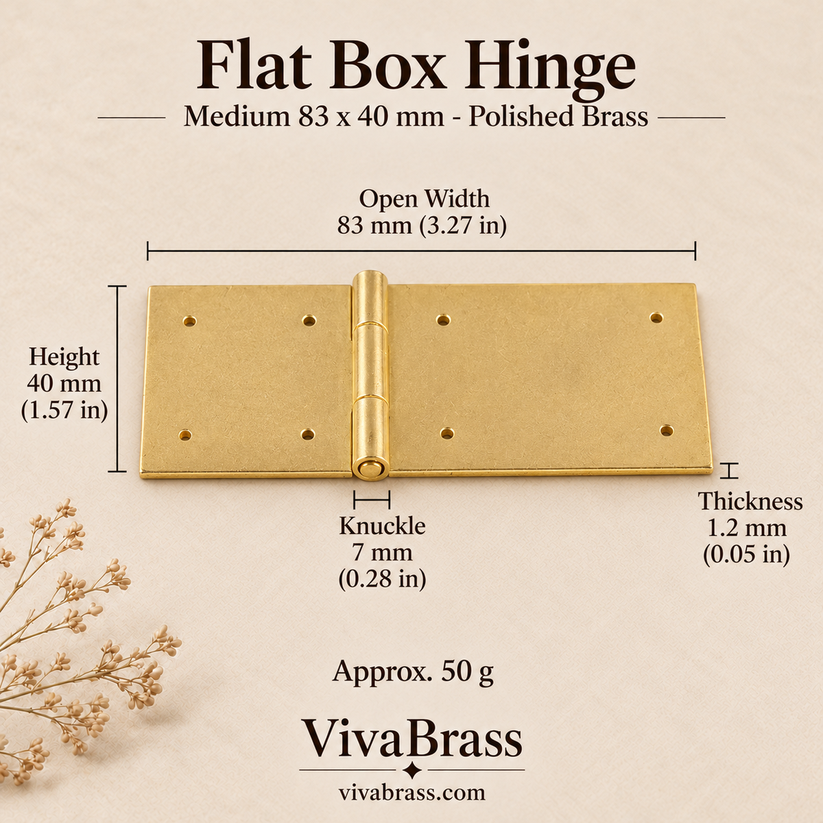 Flat Hinge Medium 83 x 40 mm - Polished Brass – solid brass box hinge by VivaBrass