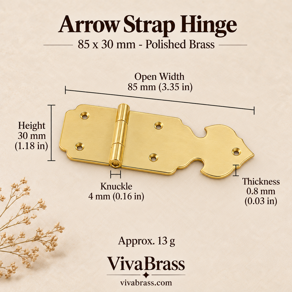 Arrow Strap Hinge 85 x 30 mm - Polished Brass – solid brass box hinge by VivaBrass
