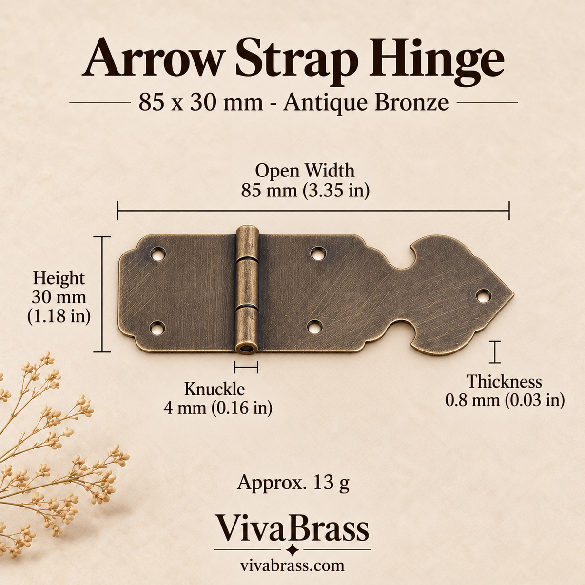 Arrow Strap Hinge 85 x 30 mm - Antique Bronze – solid brass box hinge by VivaBrass