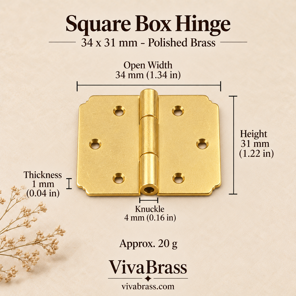 Square Hinge 34 x 31 mm - Polished Brass – solid brass box hinge by VivaBrass