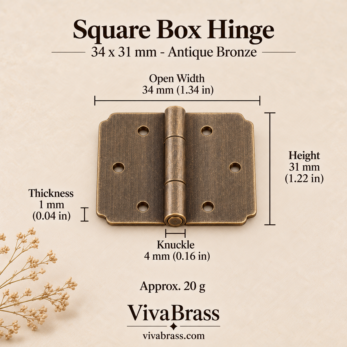 Square Hinge 34 x 31 mm - Antique Bronze – solid brass box hinge by VivaBrass