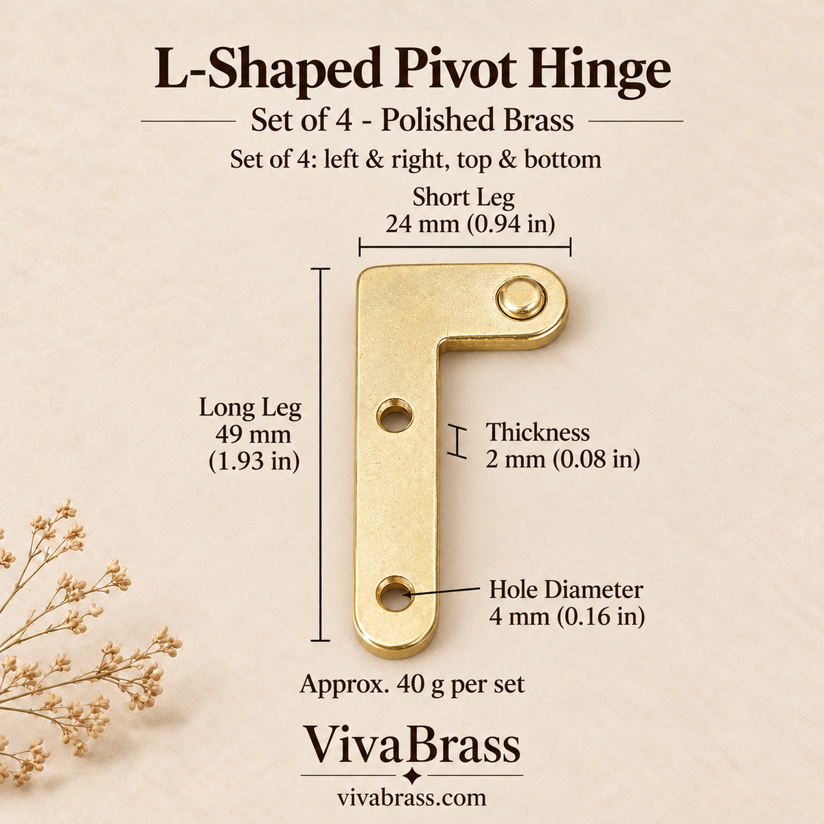 L-Shaped Pivot Hinge Set of 4 - Polished Brass – solid brass box hinge by VivaBrass