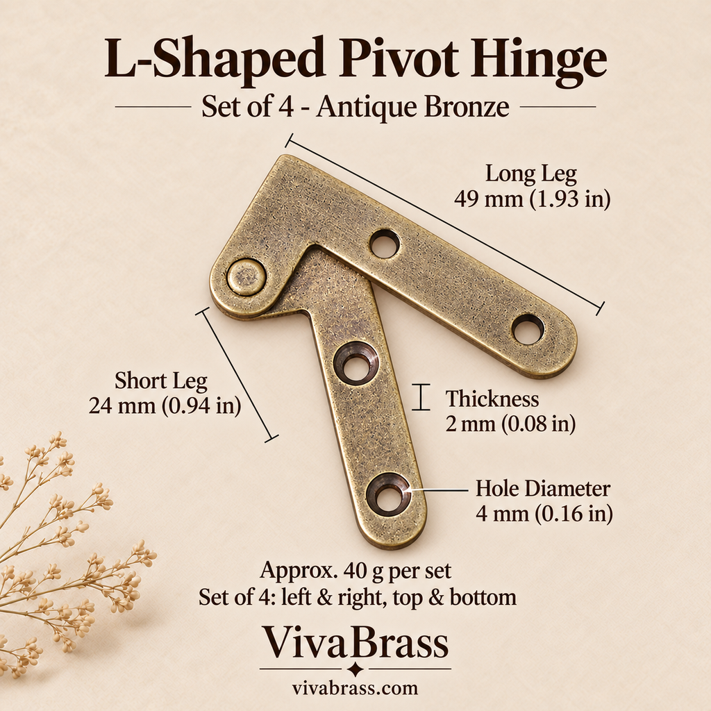L-Shaped Pivot Hinge Set of 4 - Antique Bronze – solid brass box hinge by VivaBrass