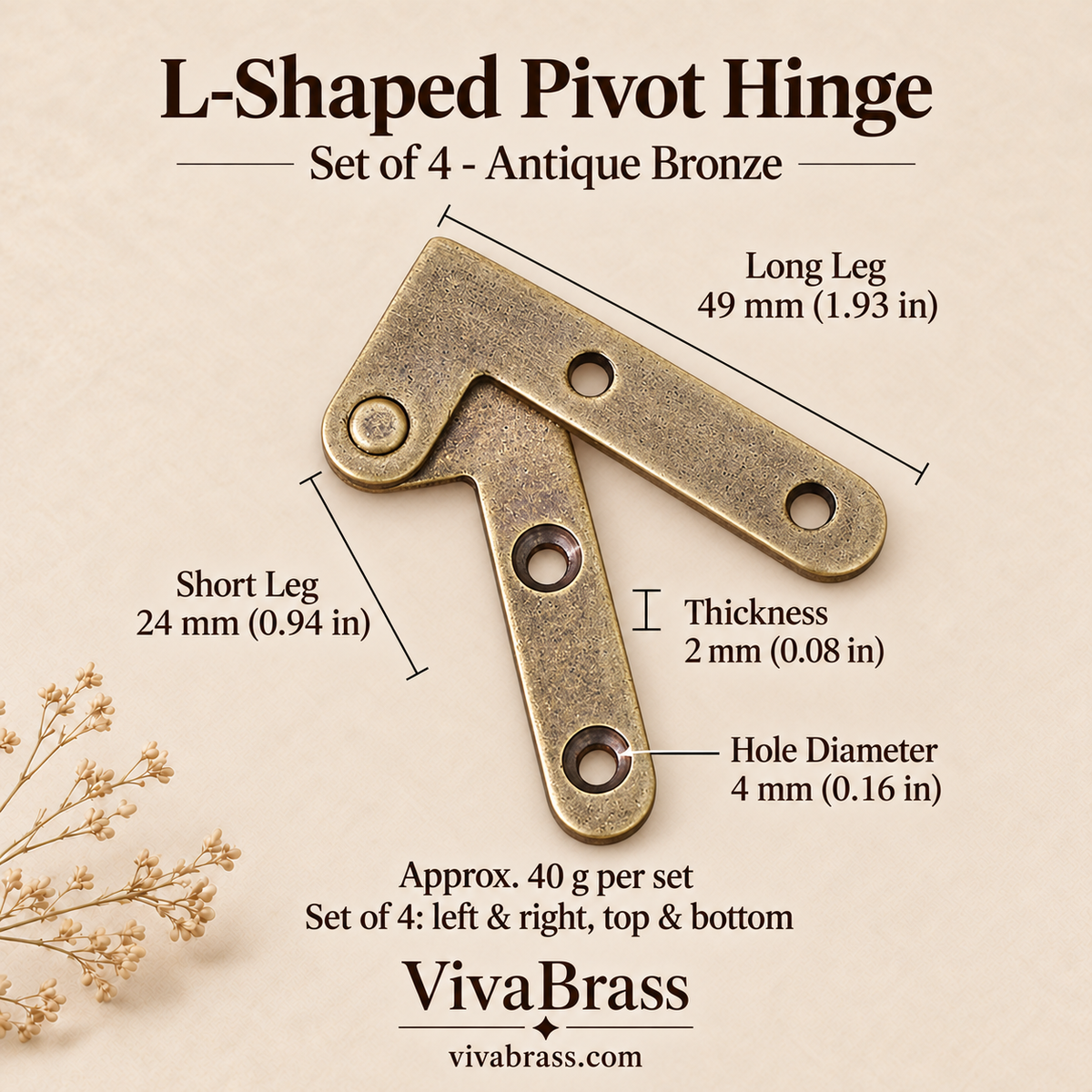 L-Shaped Pivot Hinge Set of 4 - Antique Bronze – solid brass box hinge by VivaBrass