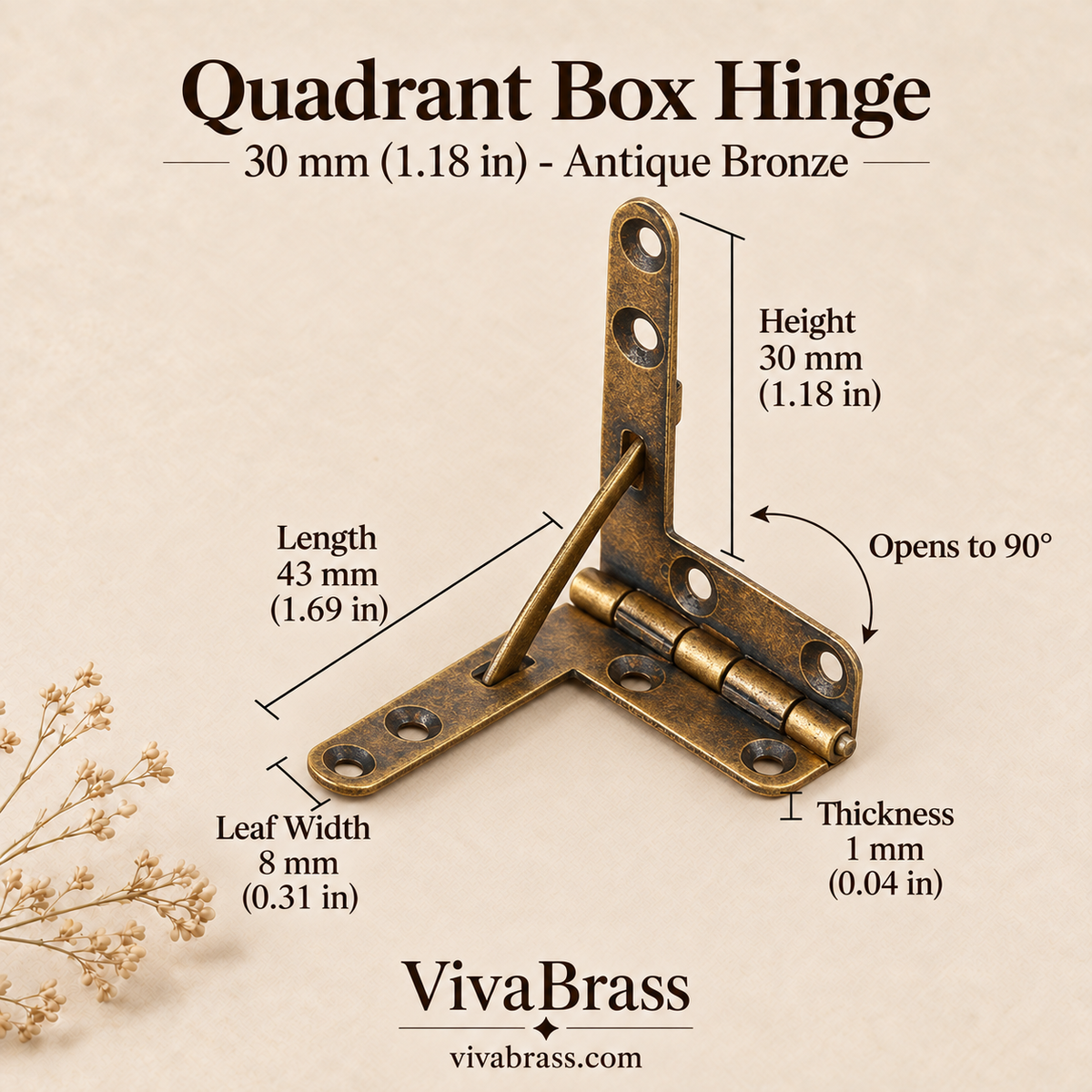 Quadrant Hinge 30 mm - Antique Bronze – solid brass box hardware by VivaBrass
