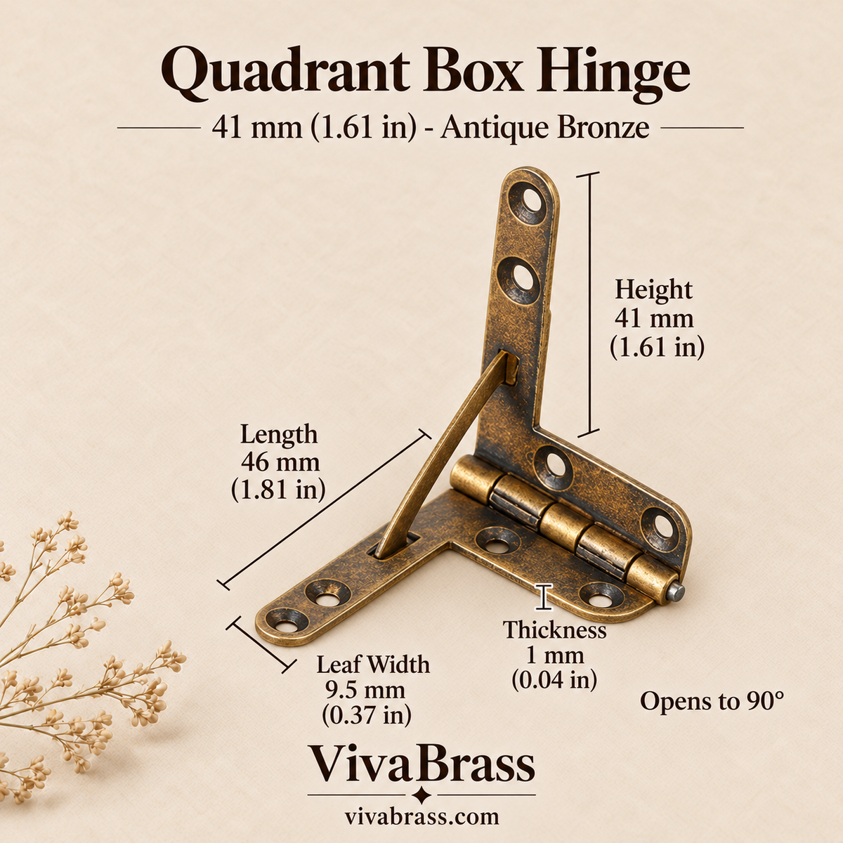 Quadrant Hinge 41 mm - Antique Bronze – solid brass box hardware by VivaBrass