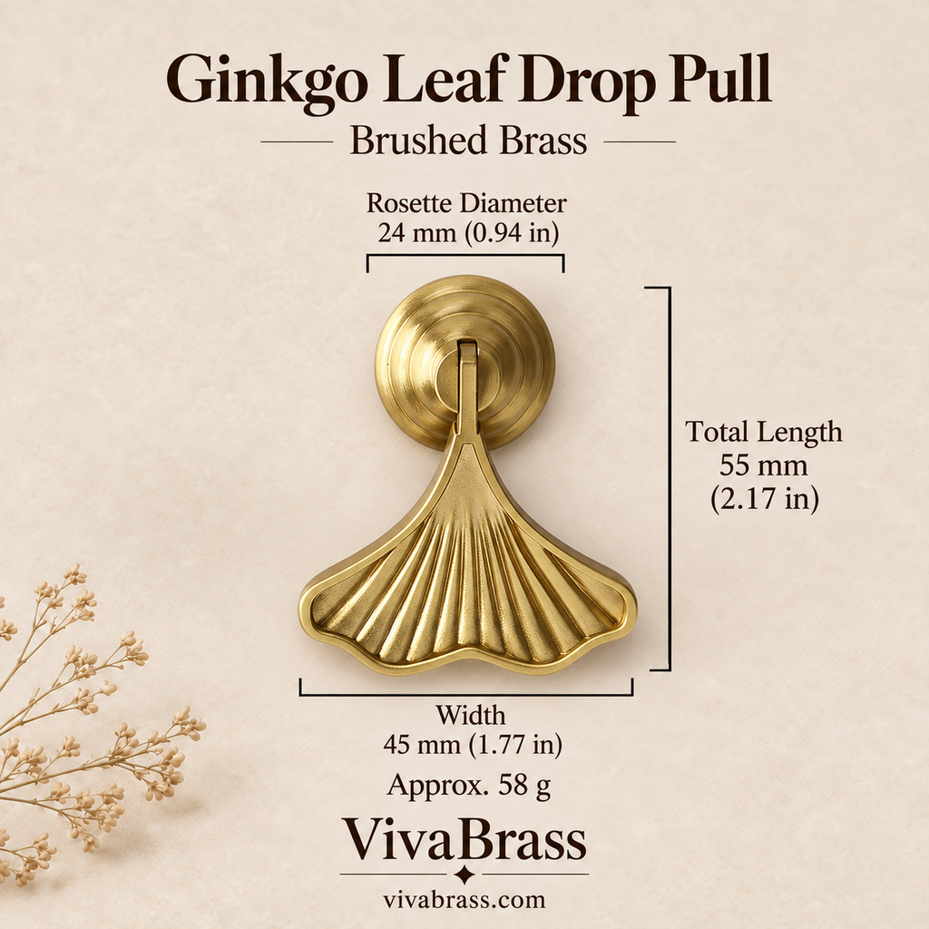 Ginkgo Leaf Drop Pull - Brushed Brass – solid brass drop pull by VivaBrass