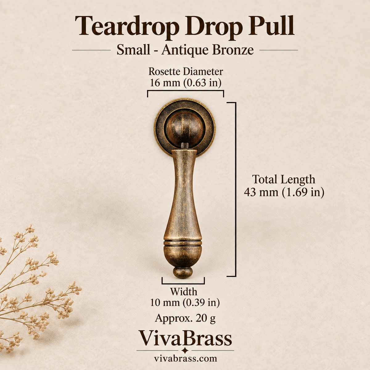 Teardrop Drop Pull Small - Antique Bronze – solid brass drop pull by VivaBrass