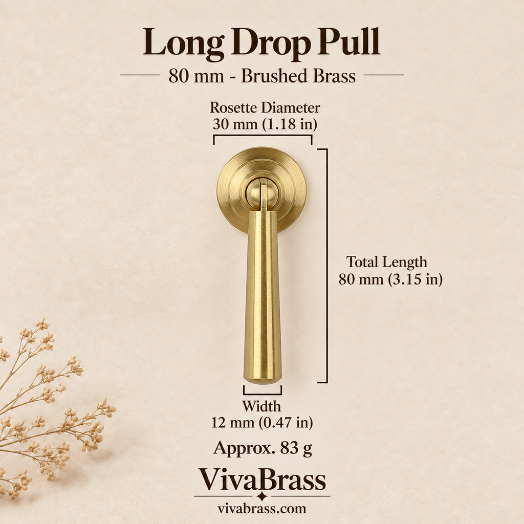 Long Drop Pull 80 mm - Brushed Brass – solid brass drop pull by VivaBrass