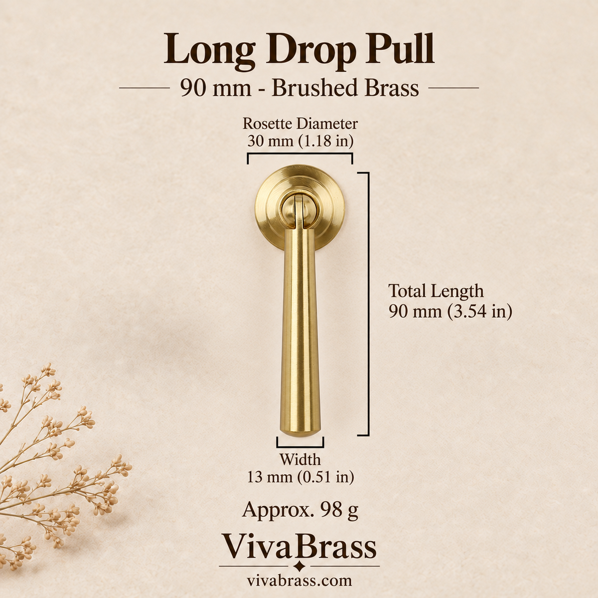 Long Drop Pull 90 mm - Brushed Brass – solid brass drop pull by VivaBrass