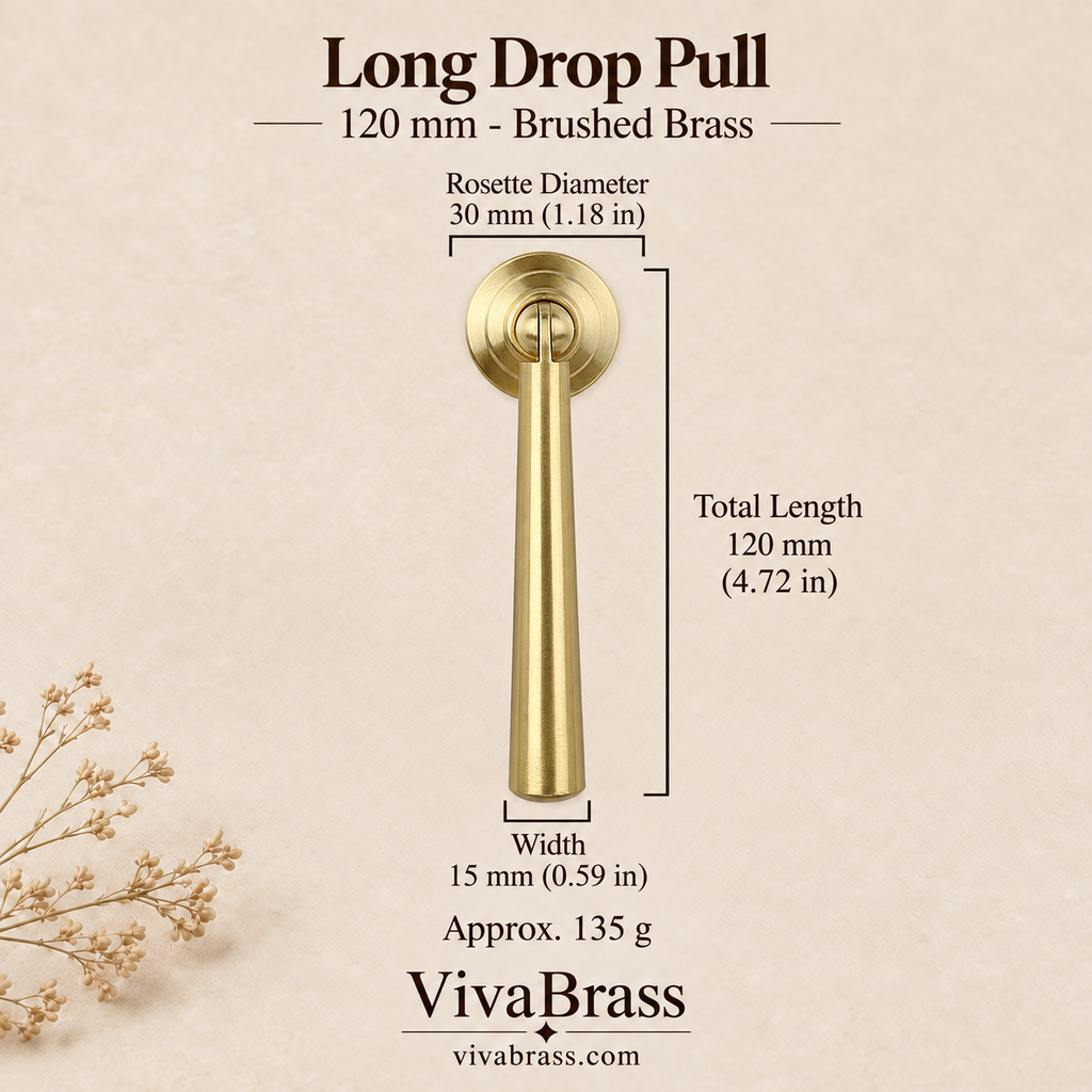 Long Drop Pull 120 mm - Brushed Brass – solid brass drop pull by VivaBrass