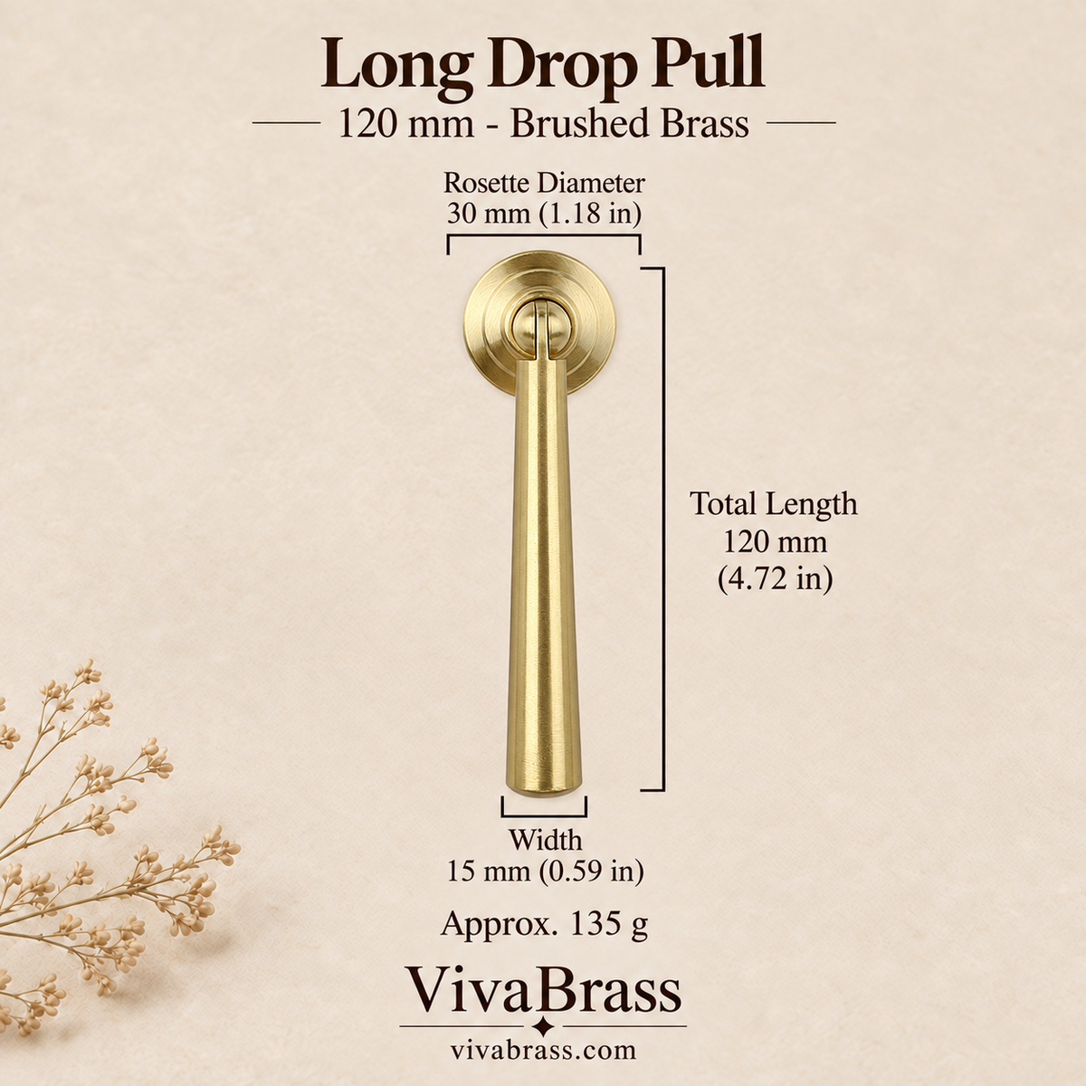 Long Drop Pull 120 mm - Brushed Brass – solid brass drop pull by VivaBrass