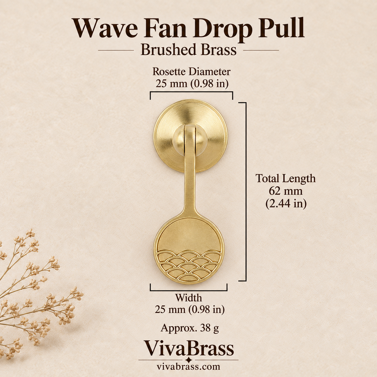 Wave Fan Drop Pull - Brushed Brass – solid brass drop pull by VivaBrass