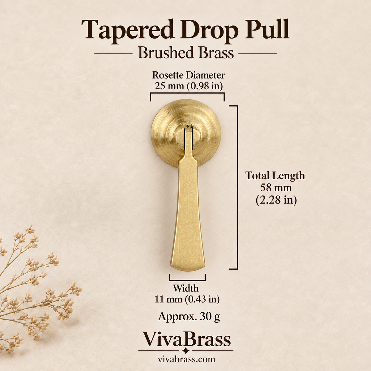 Tapered Drop Pull - Brushed Brass – solid brass drop pull by VivaBrass