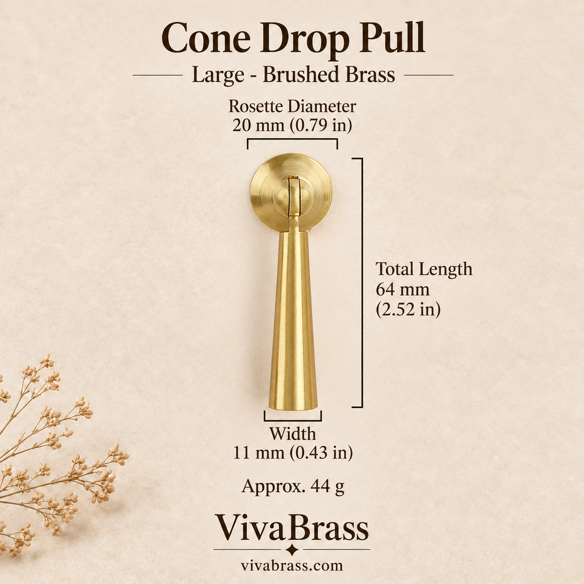 Cone Drop Pull Large - Brushed Brass – solid brass drop pull by VivaBrass