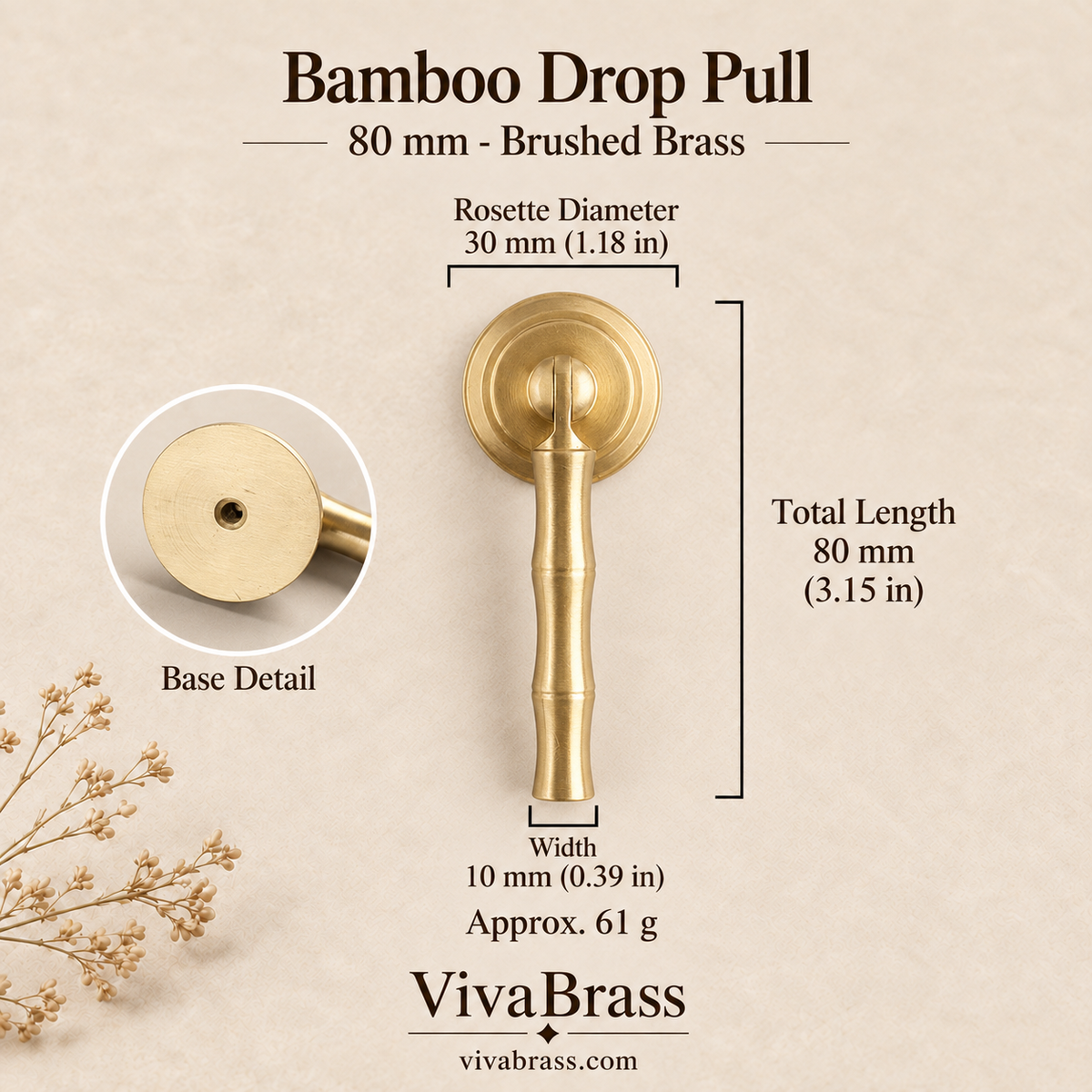 Bamboo Drop Pull 80 mm - Brushed Brass – solid brass drop pull by VivaBrass