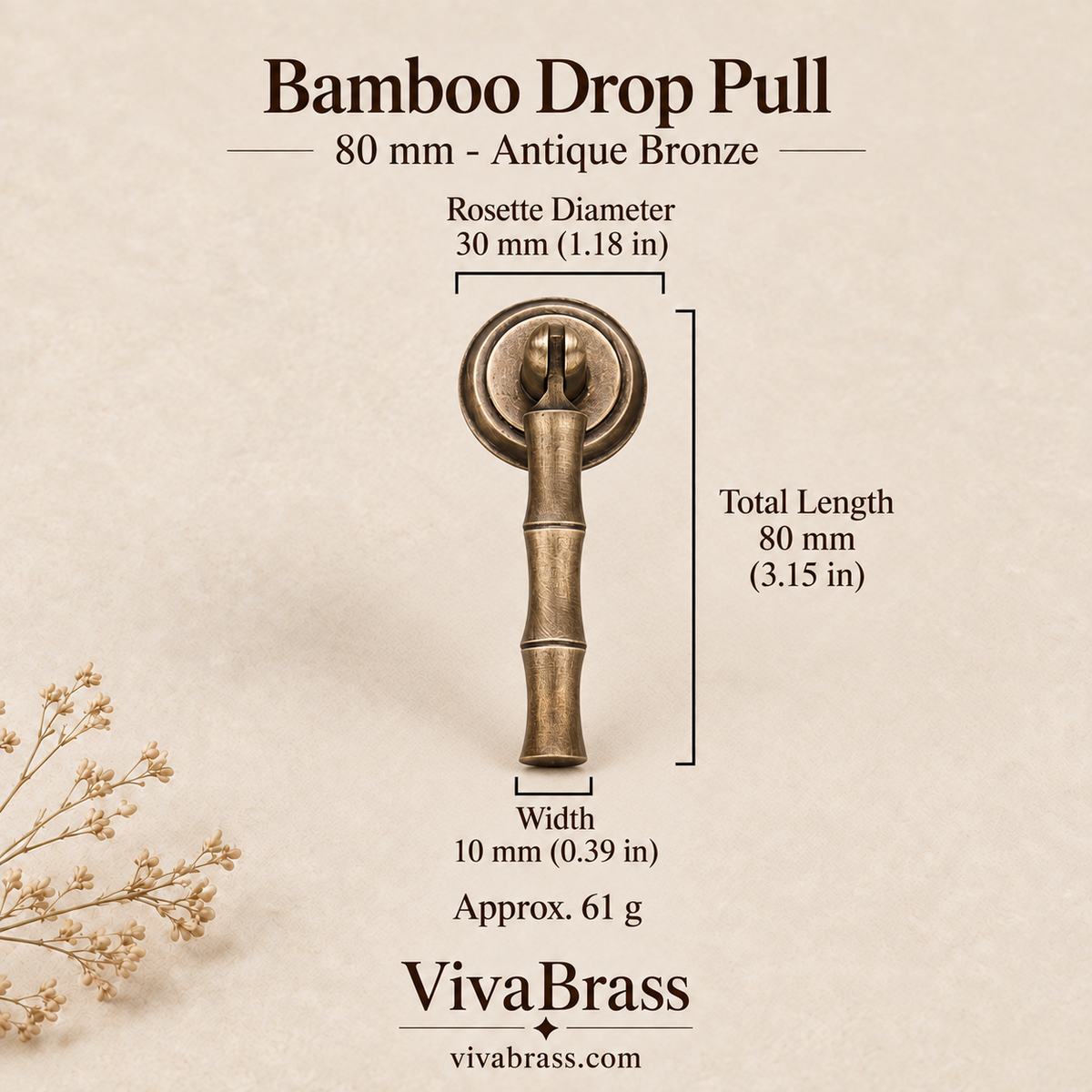 Bamboo Drop Pull 80 mm - Antique Bronze – solid brass drop pull by VivaBrass