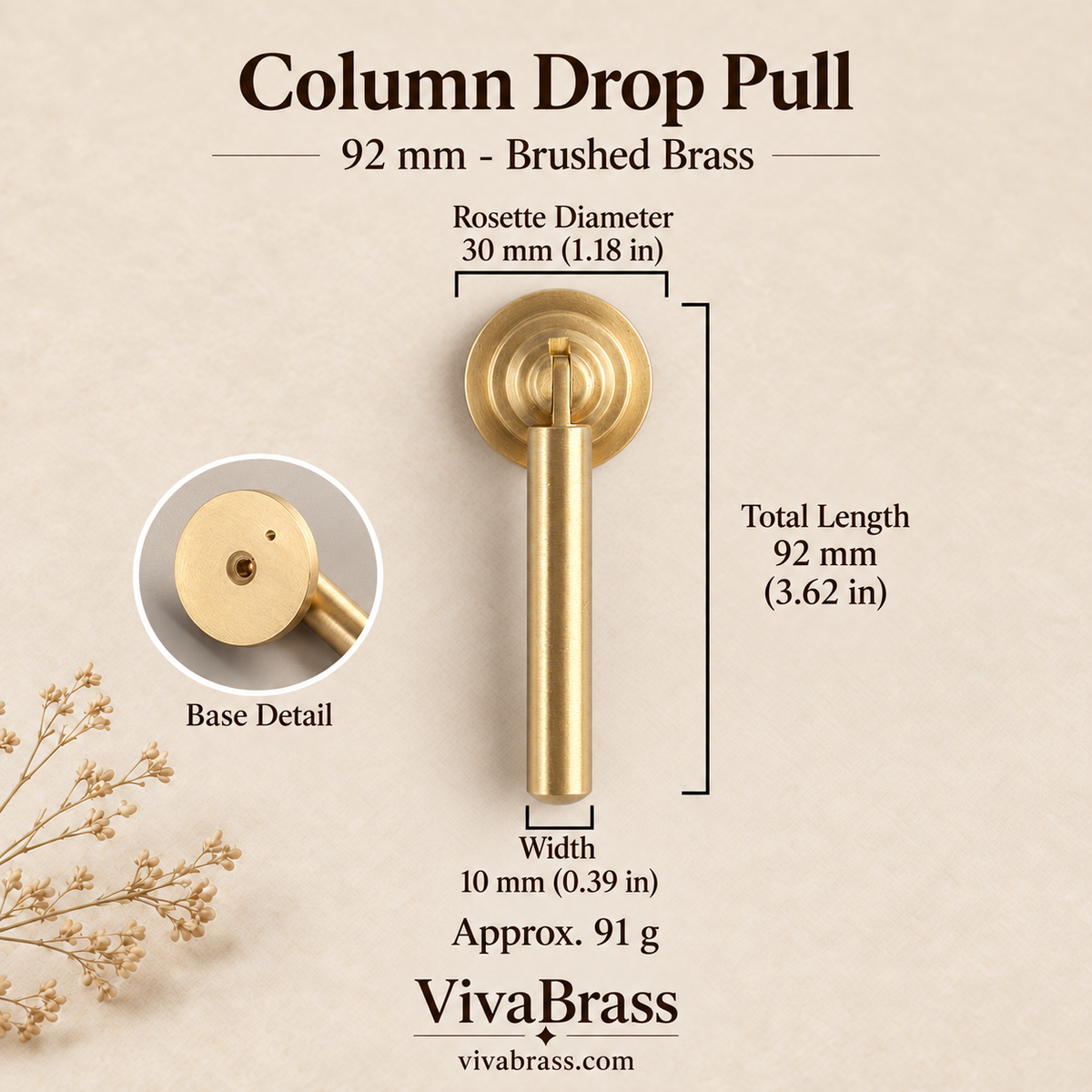 Column Drop Pull 92 mm - Brushed Brass – solid brass drop pull by VivaBrass