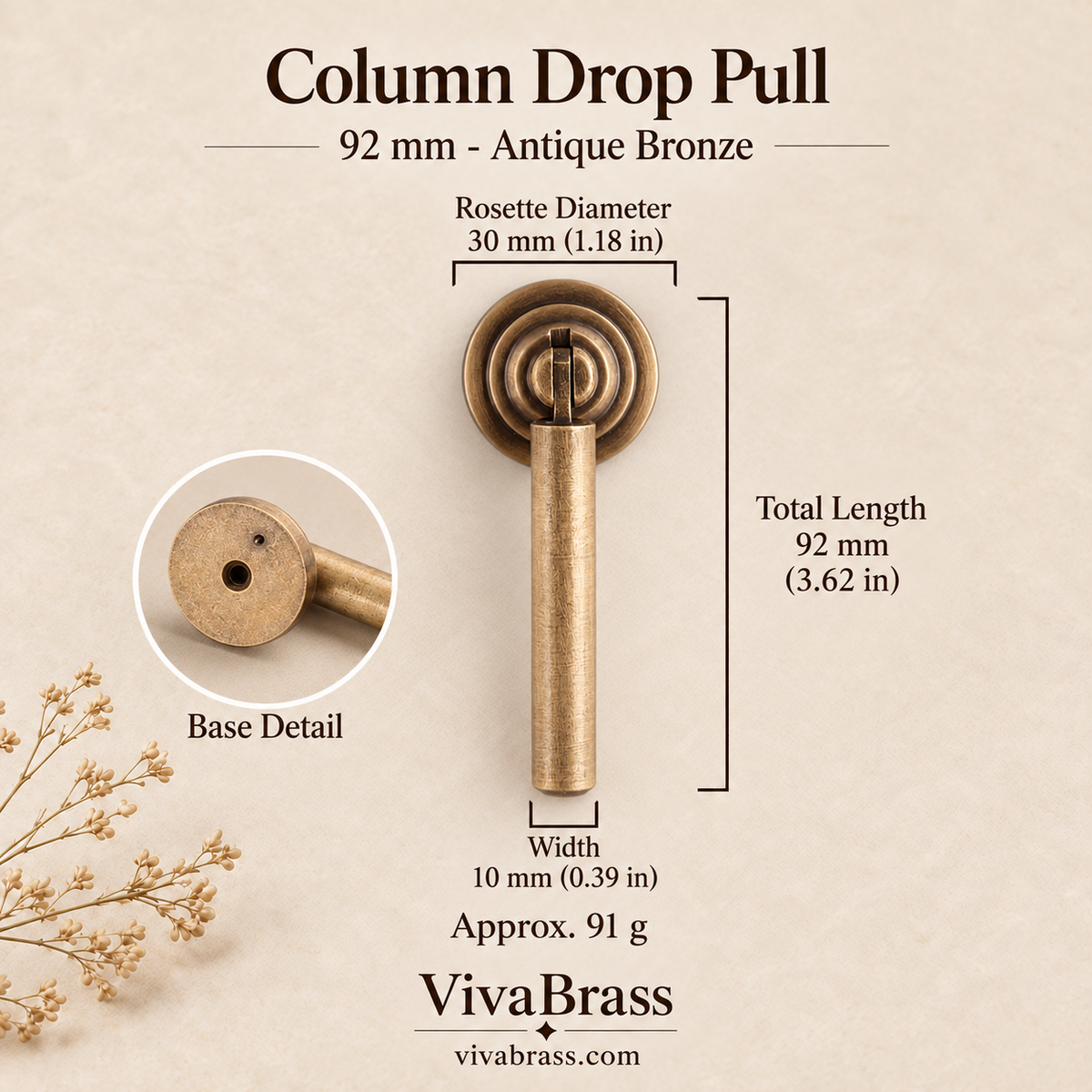 Column Drop Pull 92 mm - Antique Bronze – solid brass drop pull by VivaBrass