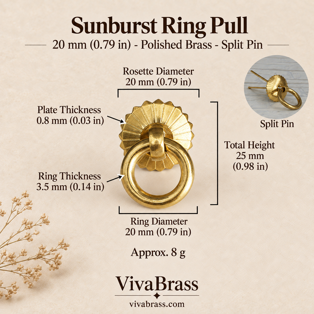 Sunburst 20 mm - Polished Brass - Split Pin – solid brass ring pull by VivaBrass