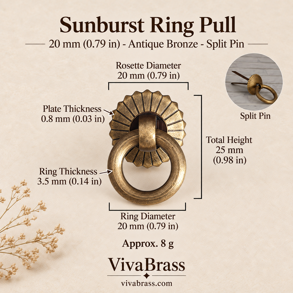 Sunburst 20 mm - Antique Bronze - Split Pin – solid brass ring pull by VivaBrass