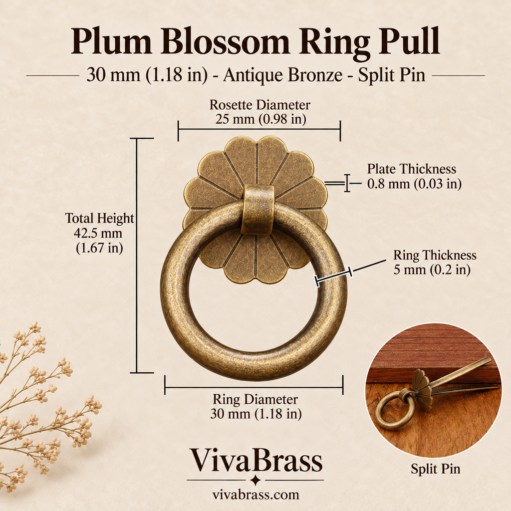 Plum Blossom 30 mm - Antique Bronze - Split Pin – solid brass ring pull by VivaBrass