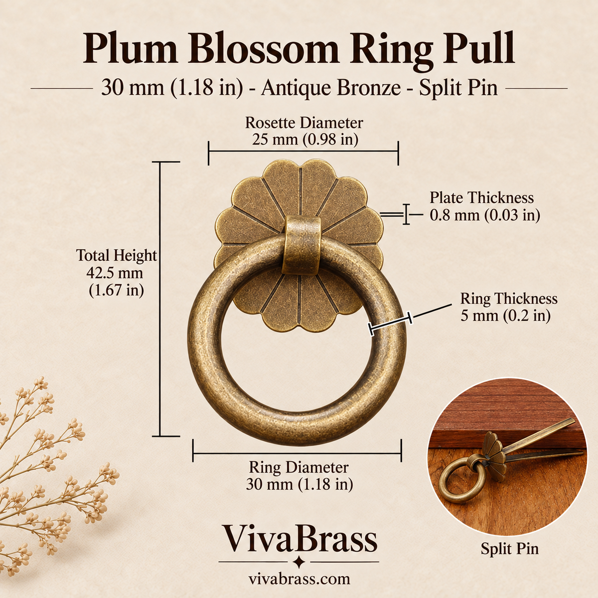 Plum Blossom 30 mm - Antique Bronze - Split Pin – solid brass ring pull by VivaBrass