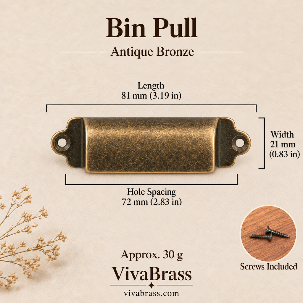 Bin Pull 81 mm - Antique Bronze – solid brass cup pull by VivaBrass