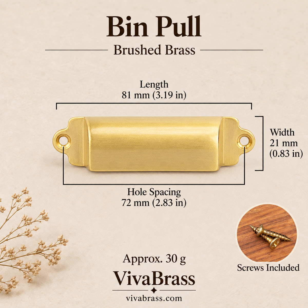 Bin Pull 81 mm - Brushed Brass – solid brass cup pull by VivaBrass