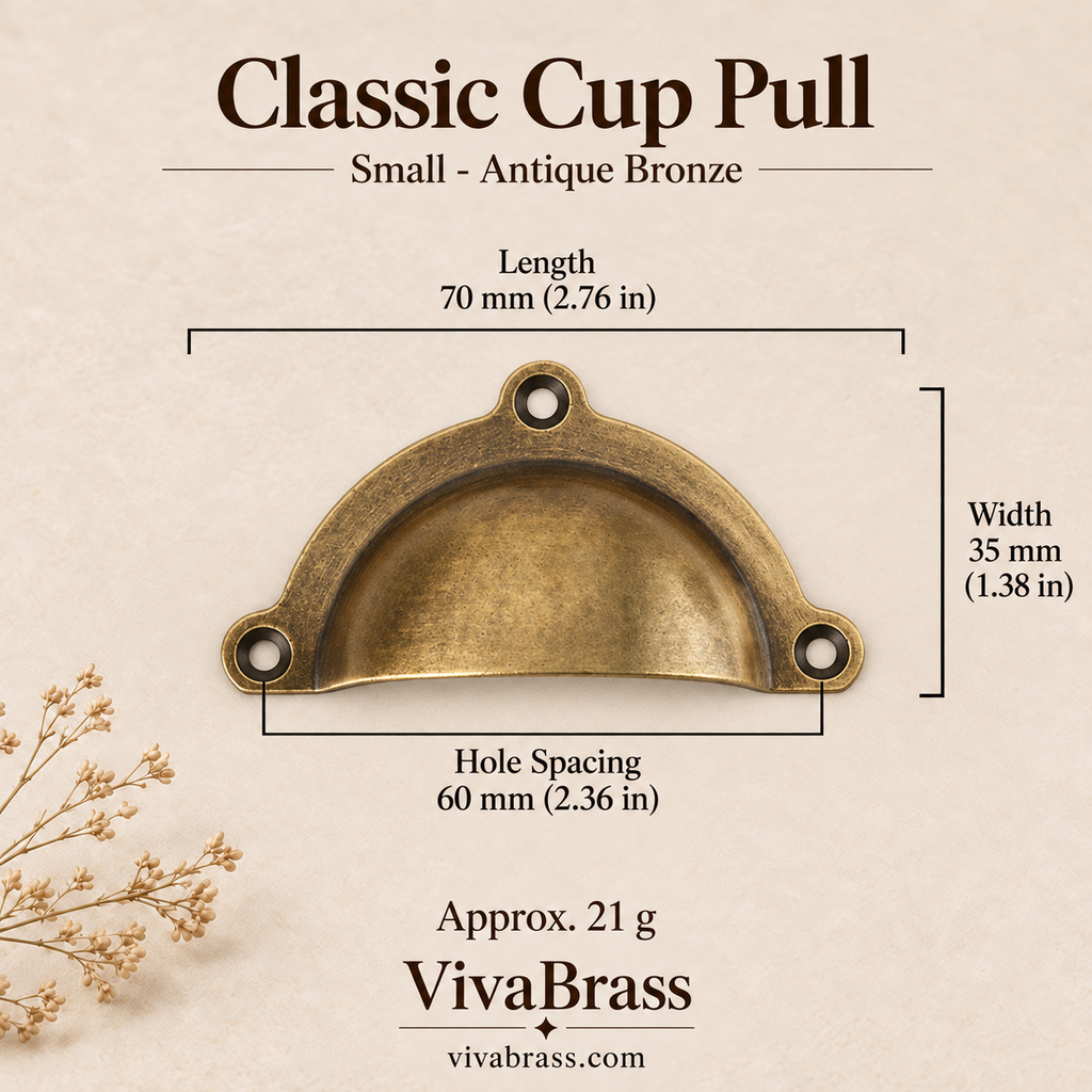 Classic Cup Pull Small 70 mm - Antique Bronze – solid brass cup pull by VivaBrass