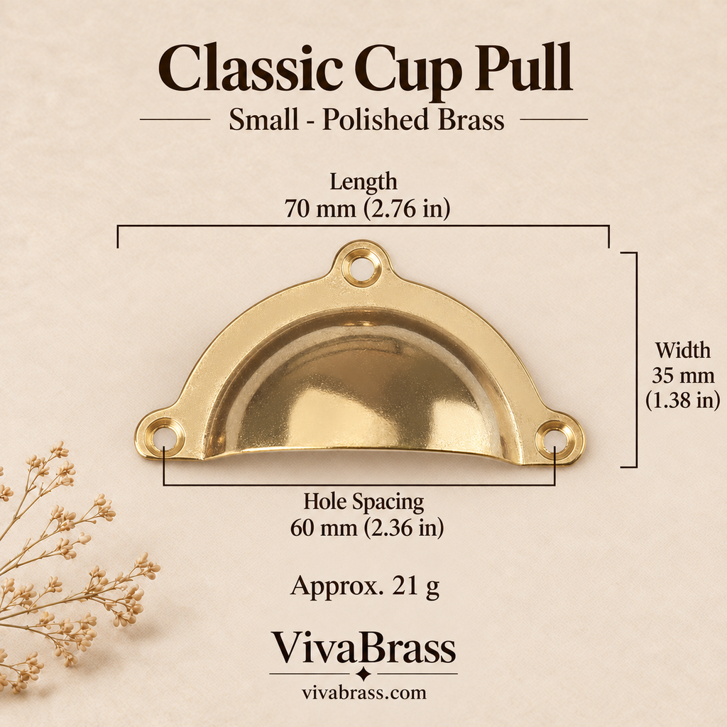 Classic Cup Pull Small 70 mm - Polished Brass – solid brass cup pull by VivaBrass