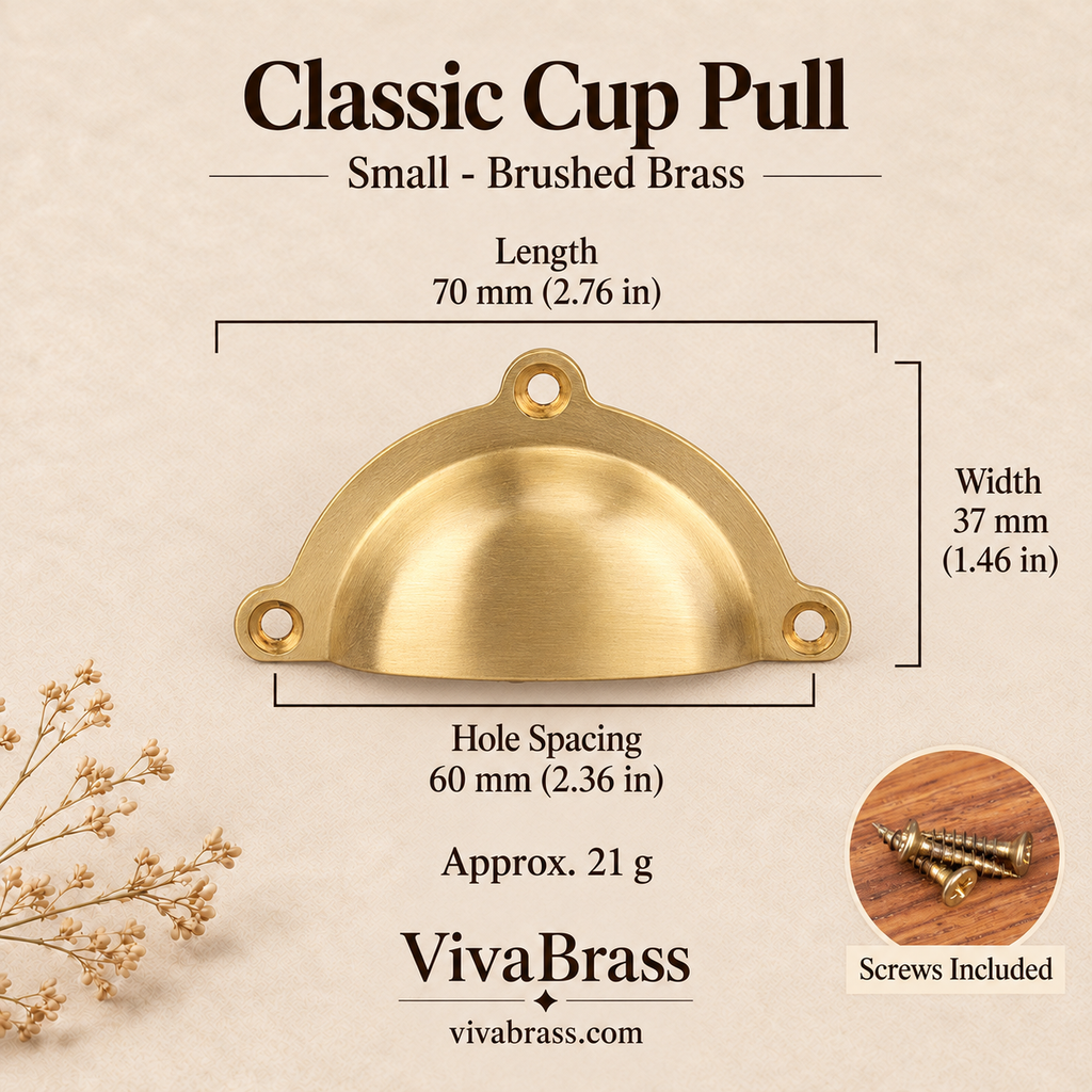 Classic Cup Pull Small 70 mm - Brushed Brass – solid brass cup pull by VivaBrass