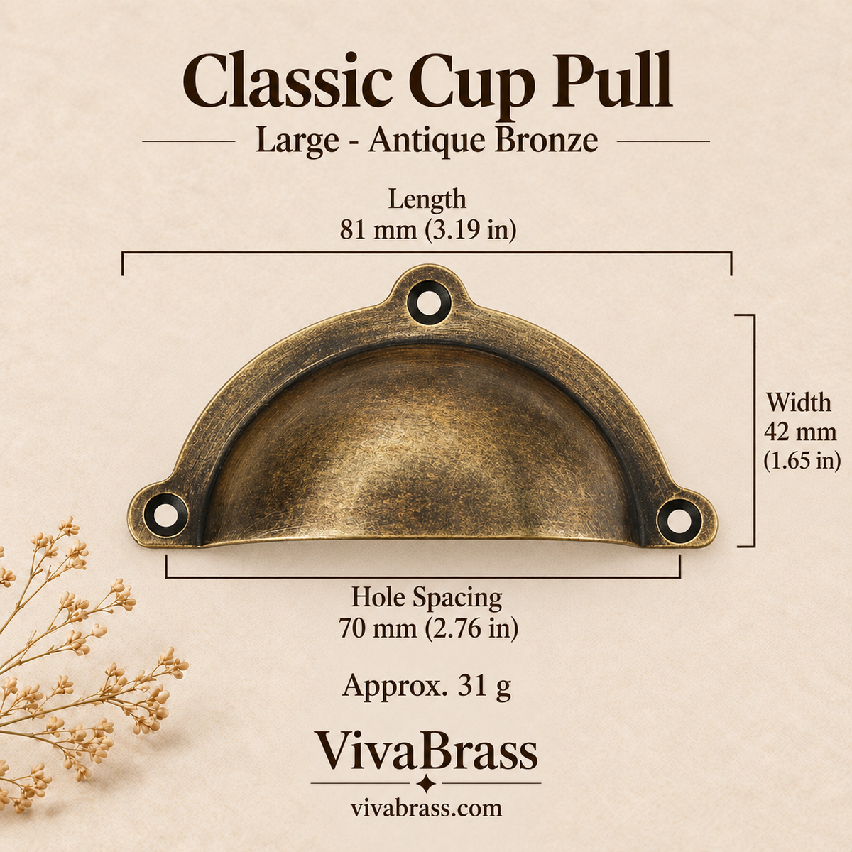 Classic Cup Pull Large 81 mm - Antique Bronze – solid brass cup pull by VivaBrass