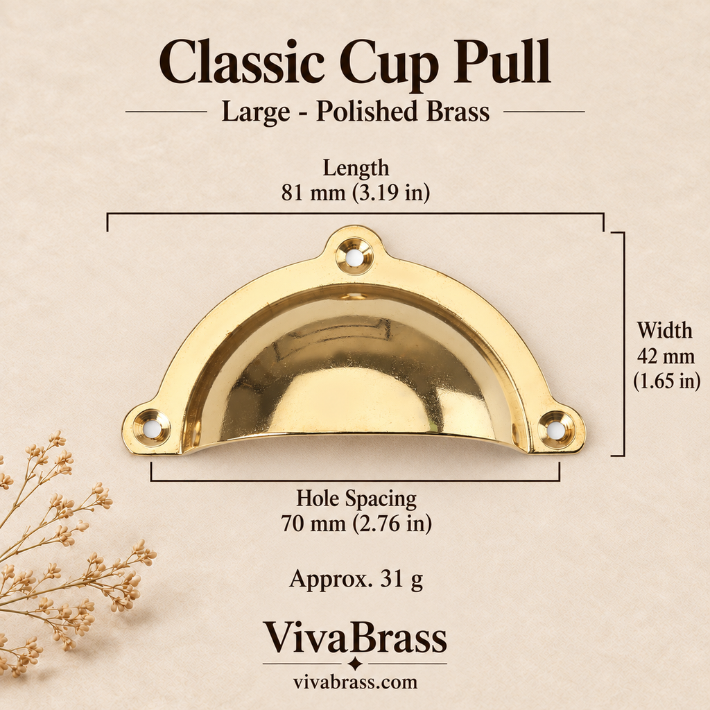 Classic Cup Pull Large 81 mm - Polished Brass – solid brass cup pull by VivaBrass